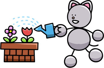 花壇の花に水をあげるにゃんまるのイラスト　猫