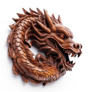 Mahogany wooden dragon head trophy, isolated on white, wall hanging, generative ai