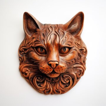 Mahogany Wooden Cat Head Trophy, Isolated On White, Wall Hanging, Generative Ai