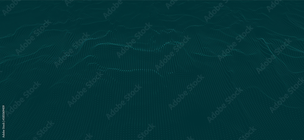 Poster wave of particles. futuristic dots pattern on dark background. big data digital code. technology or 