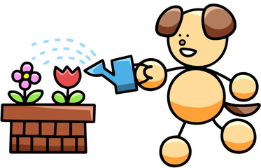 花壇の花に水をあげるわんまるのイラスト　犬