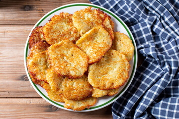 Potato pancakes. Stack of potato fritters. Top view