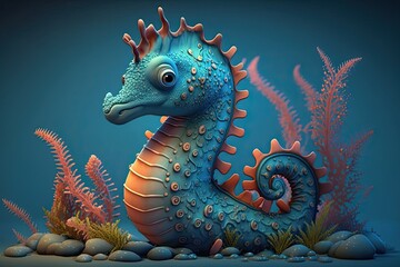 Fototapeta premium Cute Cartoon Seahorse Character Underwater in the Ocean (Generative AI)
