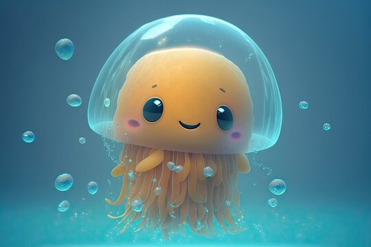 Cute Cartoon Octopus Character Underwater in the Ocean (Generative AI)