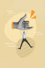 Creative banner poster collage of huge shaka symbol hand with funky young guy hanging loose