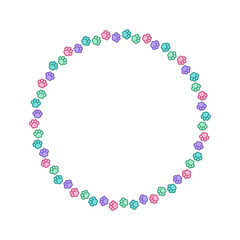Round colorful pastel animal paw print frame with empty space for your text and images. Cute dog paw prints border. Vector illustration