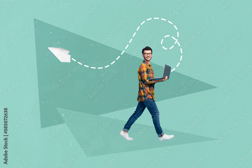 Poster creative magazine poster collage of smart manager young guy using netbook sending data letter partne