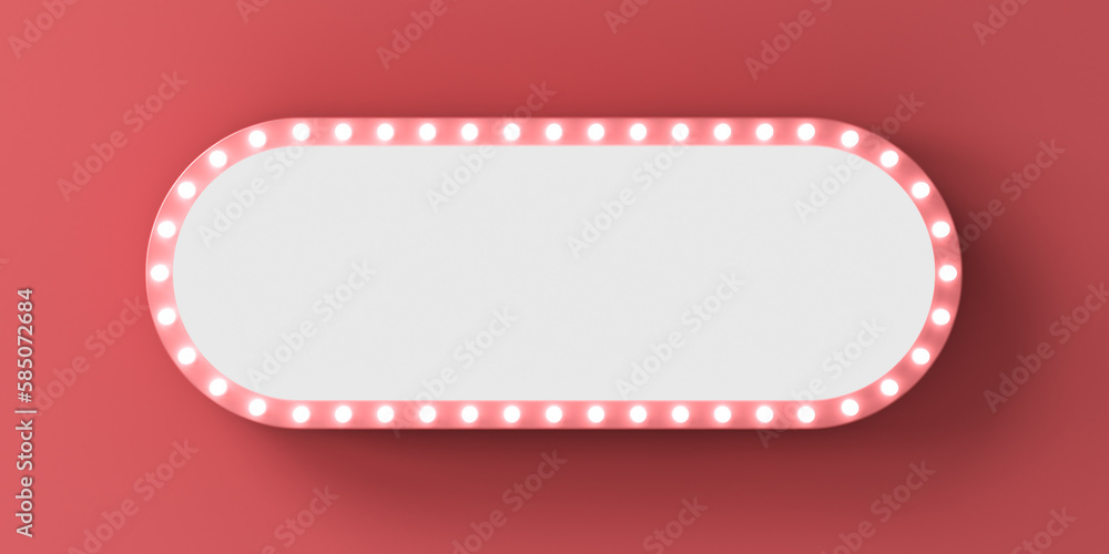 Aufkleber retro long pink round billboard or blank signboard with glowing white neon light bulbs isolated on d