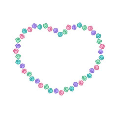 Heart shaped colorful pastel animal paw print frame with copy space. Cute Valentines Day, animal lover dog paw prints border. Vector illustration