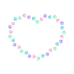 Heart shaped colorful pastel animal paw print frame with copy space. Cute Valentines Day, animal lover dog paw prints border. Vector illustration