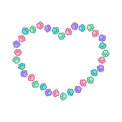 Heart shaped colorful pastel animal paw print frame with copy space. Cute Valentines Day, animal lover dog paw prints border. Vector illustration