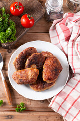 Cutlets. Fried cutlets on a table. Top view