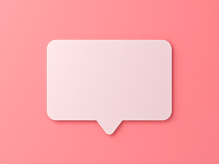 Blank white flat speech bubble social media notification pin isolated on light pink orange pastel color wall background with shadow minimal conceptual 3D rendering