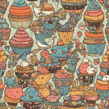 Easter seamless pattern with delicious cupcakes and sweet animals. Generative ai.