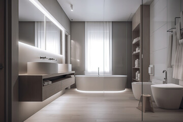 Light luxury bathroom interior with sink and tub, mirror, glass, beautiful light, glass, and generative AI tools.