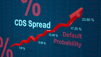 Red arrow, strong rising CDS Spreads (Credit Default Swap) rates. Financial derivative that allows an investor to swap credit risks. Default probability, credit spread and contract. 3D illustration - obrazy, fototapety, plakaty