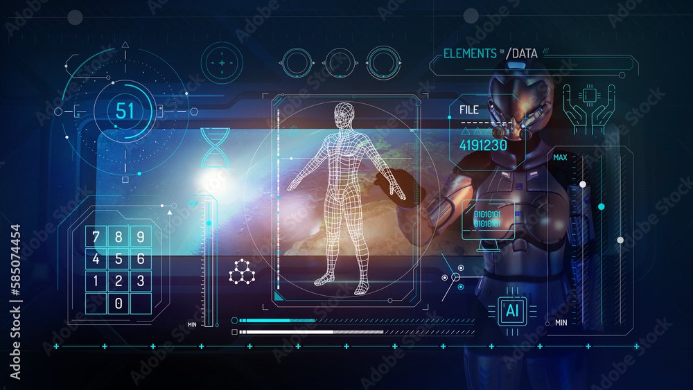 Poster infographic of artificial intelligence creation on sci-fi space background.