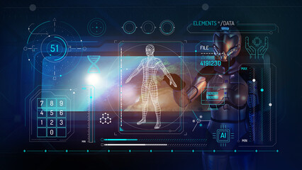 Infographic of artificial intelligence creation on sci-fi space background.