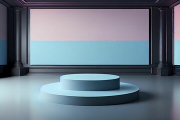 Blue round frame with podium, circle, ring shape, empty space. Generative AI.