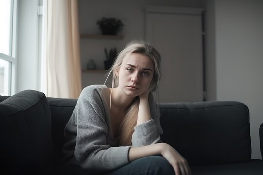 eine frau mit kopfschmerzensitzt auf einer couch, h&auml;lt sich den kopf und wirkt m&uuml;de. (generative ai)