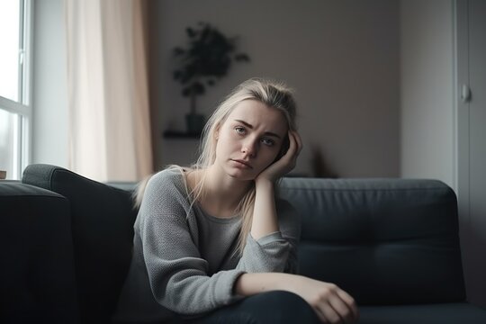 eine frau mit migr&auml;ne sitzt auf einer couch, h&auml;lt sich den kopf und wirkt m&uuml;de. (generative ai)