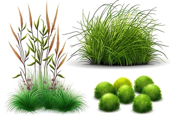Green grass bush and trunks isolated collection. Lush shrubs on white background for gardening landscape creation.