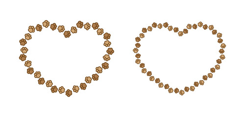 Heart shaped frame made of animal paw prints with empty space for your text and images. Cute Valentines, animal lover dog paw print border.