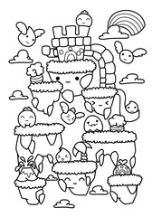 Coloring book for kids in kawaii style. A fantasy world with funny and cute creatures and a tower. The task for children can be used in a book or magazine