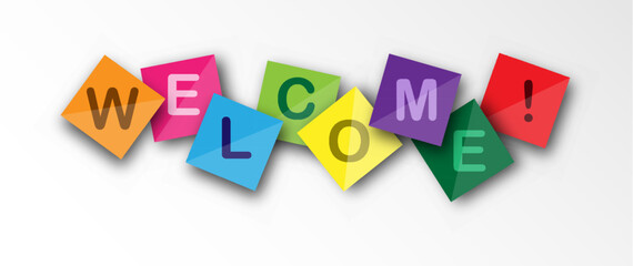  Welcome speech on multicolored square sheets. Vector banner for a website, app or presentation