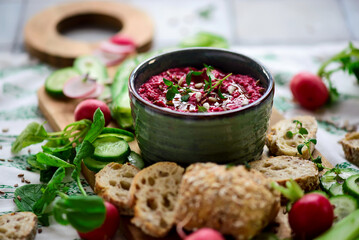 Beetroot dip with fresh vegetables. top view .