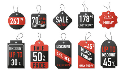 Pricetags black friday set. Collection of graphic elements for website. Discounts, sales and promotions, special limited offer. Cartoon flat vector illustrations isolated on white background