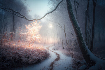 Dense fog in cold winter forest without leaves and white snow on trees bark AI generated