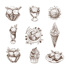 A hand-drawn sketch of  ice cream or frozen yoghurt in cups and cones. Vintage illustration. Set. Element for the design of labels, packaging and postcards.