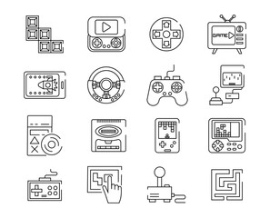 Retro game icons set. Collection of graphic elements for website. Joystick, TV set top box, steering wheel with buttons, gamepad. Cartoon flat vector illustrations isolated on white background