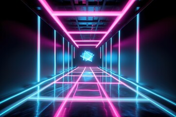 3d render, abstract neon background, glowing pink blue led light, cross symbol with tunnel