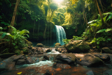 The lush jungle and waterfalls of Costa Rica provide a lush and tropical summer travel background, with bright green foliage and clear freshwater pools