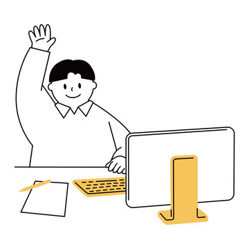 A vector illustration of a boy taking a class using a PC. he raises his hand to answer.