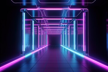Fototapeta na wymiar 3d render, blue pink violet neon abstract background, ultraviolet light, night club empty room interior, tunnel or corridor, glowing panels, fashion podium, performance stage decorations