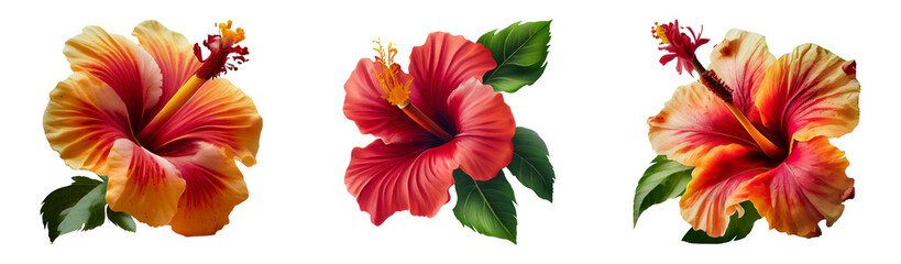 Set of hibiscus flowers isolated on a transparent background. - obrazy, fototapety, plakaty