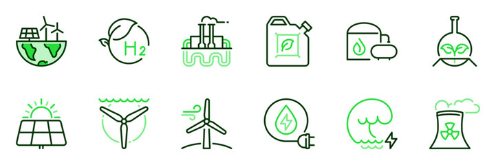 Green energy. Ecology concept. Icons such as wind power, solar energy, hydropower, wave and tidal power, geothermal, biofuel, biomass , nuclear and biogas on transparent background - 585075833
