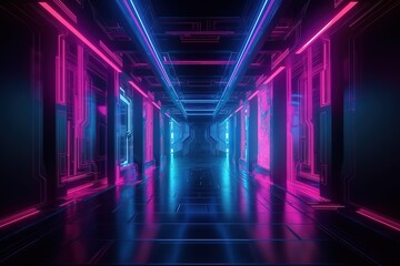 Fototapeta premium 3d render, blue pink violet neon abstract background, ultraviolet light, night club empty room interior, tunnel or corridor, glowing panels, fashion podium, performance stage decorations