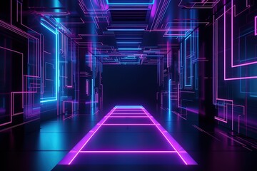3d render, blue pink violet neon abstract background, ultraviolet light, night club empty room interior, tunnel or corridor, glowing panels, fashion podium, performance stage decorations