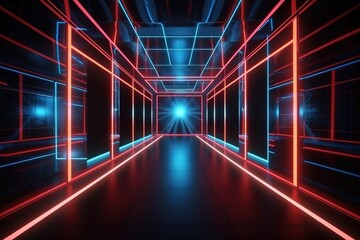 3d render, blue red abstract background, ultraviolet light, laser rays inside corridor, virtual reality empty room, diagonal glowing lines