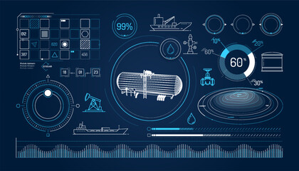 Set of infographic elements about oil storage and transportation.