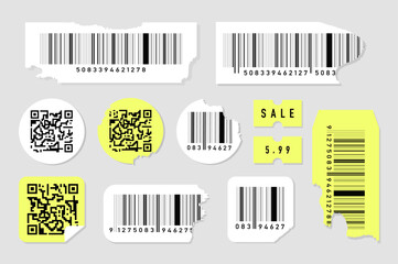 Price tags barcodes set. Collection of round, square or rectangular labels for paying for goods. Shop, market or store inventory. Cartoon flat vector illustrations isolated on grey background