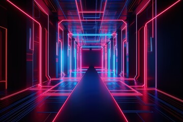 Fototapeta premium 3d render, pink red blue neon light, abstract background with glowing lines, cyber space in virtual reality, night club room interior, fashion podium or stage, empty corridor in ultraviolet spectrum