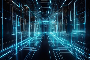 Abstract blue futuristic background, data center, data transfer, rays and lines, blue neon. Reflection of light in space. Dark futuristic empty scene