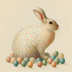 Surreal abstract pointillism painting of rabbit as illustration of Easter bunny with colored eggs generative AI art	
