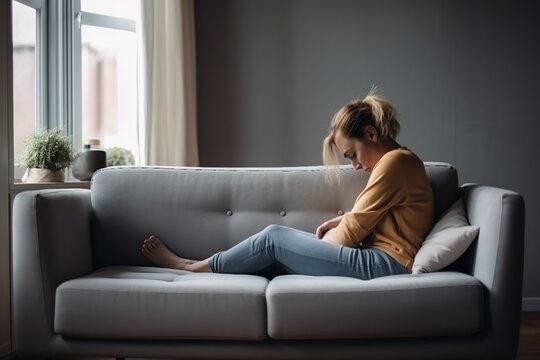 Junge Frau sitzt auf der Couch und hält sich mit den Händen am Bauch. (Generative AI)