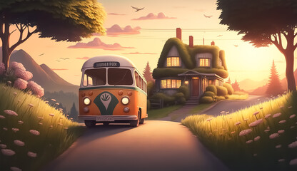 Cute little retro bus driving through a beautiful country road at sunset very realistic, 8k, with a beautiful village view. Created with Generative AI technology.
